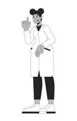 Black female scientist with lab coat and pointing gesture black and white 2D line character. STEM researcher african american woman isolated vector outline person. Monochromatic spot illustration