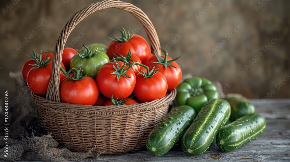 Poster freshly harvested tomatoes and cucumbers arranged in a wicker basket on a rustic wooden table. gener