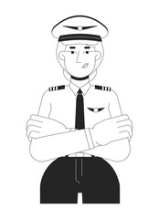 Blonde female pilot in uniform black and white 2D line character. Airline captain caucasian woman standing confidently with arms crossed isolated vector outline person. Monochromatic spot illustration
