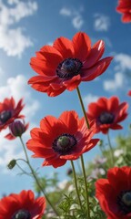 Fototapeta premium Velvety crimson petals of the anemone flower contrasting with a clear blue sky, flowers, anemone, nature