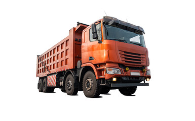 Large quarry dump truck. Dump truck carrying coal, sand and rock. Trucks moving on dirt country road in forest. Mining truck mining machinery to transport coal from open-pit. Transportation of mineral