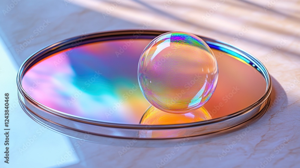 Poster colorful soap bubble resting on a reflective surface in an artistic setting during daylight. generat