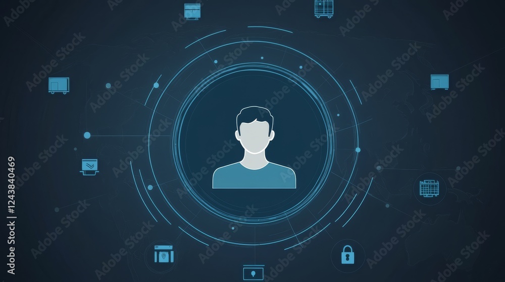 Poster human connection and communication, a central figure surrounded by icons symbolizing social interact