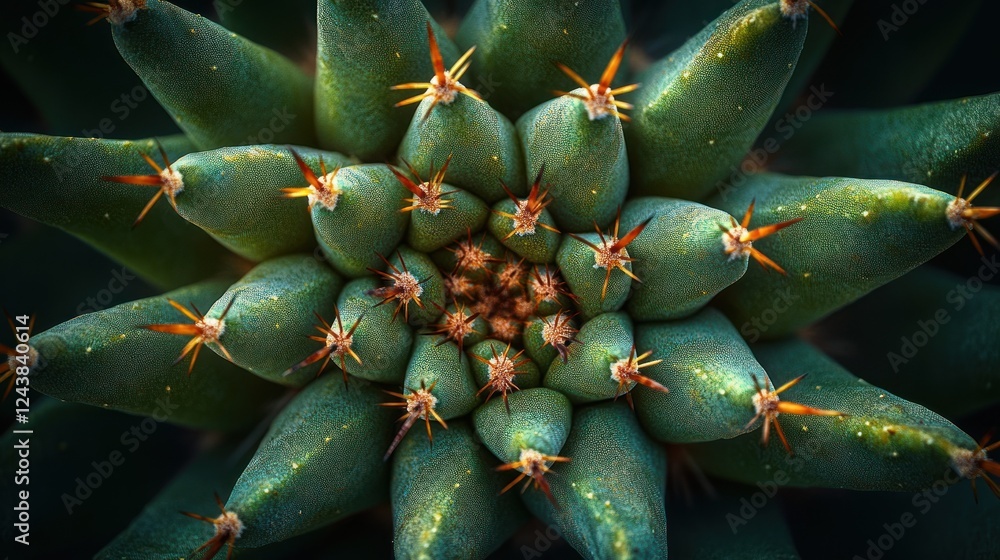 Poster close-up view of a cactus displaying intricate patterns and vibrant green colors in natural lighting