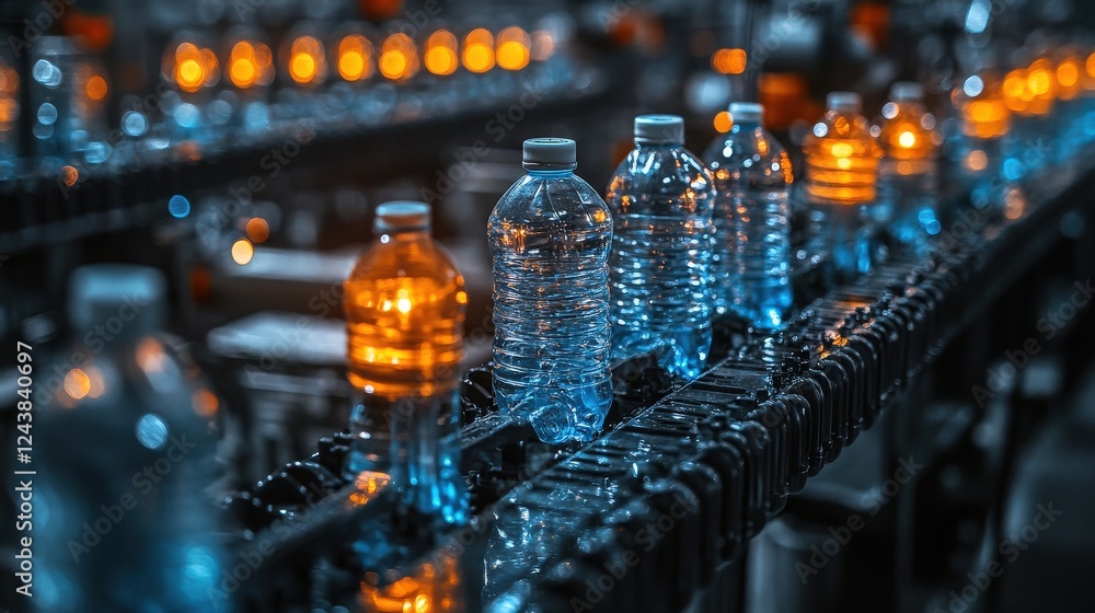 Poster bottles on a production line illuminated by warm and cool lights in a factory setting