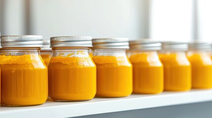 Fermented Foods boost Immunity. Rows of jars filled with turmeric fermented on a shelf.