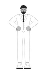 Bearded african american businessman in suit and glasses black and white 2D line character. Business leader standing man in formal wear isolated vector outline person. Monochromatic spot illustration