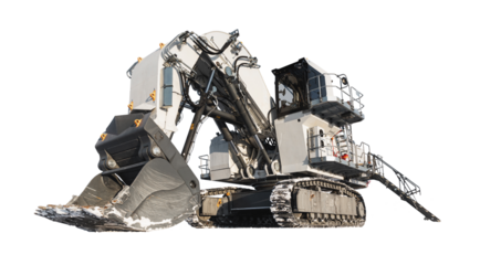 White loader on Transparent background. Working construction equipment on clear background. Loader loading working. Tractor clean background. Grey crawler Loader Isolated from Background