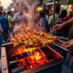 Street barbecue with meat skewers sizzling, very hot fire burning and man preparing food
