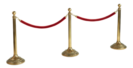 Red velvet rope barrier with golden stanchions, isolated on transparent cutout background