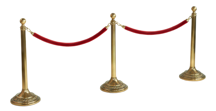 Red velvet rope barrier with golden stanchions, isolated on transparent cutout background