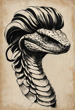 Drawing of a portrait of a snake with a serious gaze like a leader's statue or bust