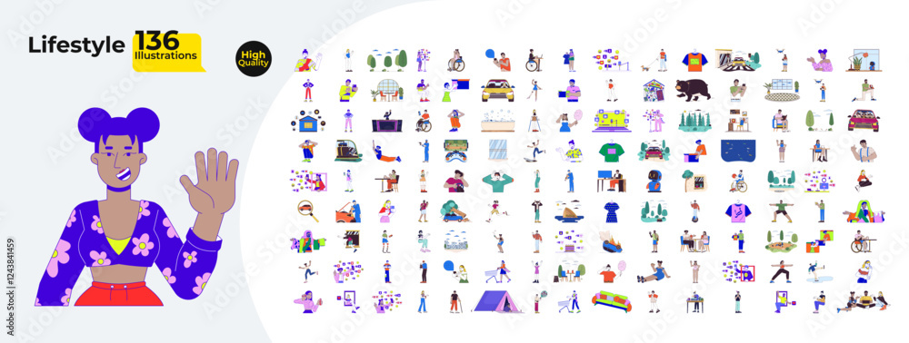 Aufkleber lifestyle cartoon flat illustrations mega bundle. different people and objects 2d images isolated on