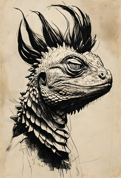 Drawing of a portrait of a gecko with a serious gaze like a leader's statue or bust