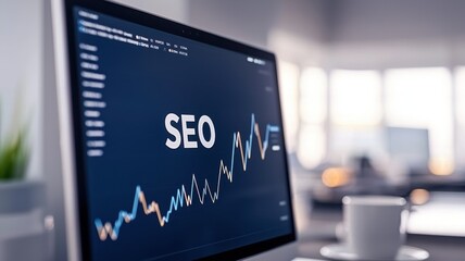 A computer screen displaying a graph with the text "SEO" emphasizes digital marketing trends and performance metrics.
