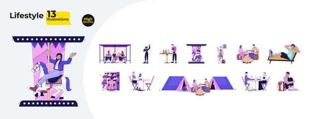 Lifestyle cartoon flat illustrations mega bundle. Amusement and relaxation activities 2D images isolated on white. Multiethnic people enjoying funny free time collection vector drawings colorful