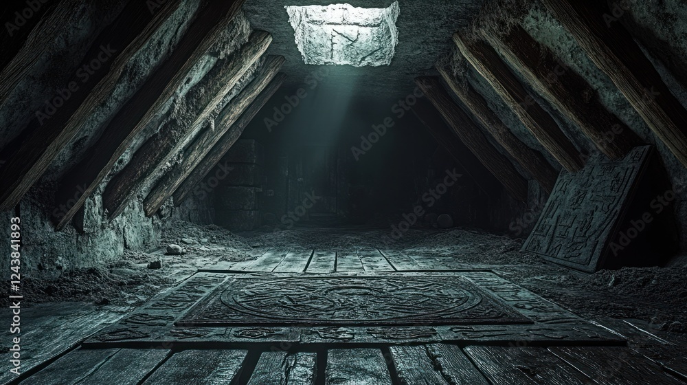 Aufkleber mysterious attic with ancient symbols and dramatic light filtering through a small opening. generati