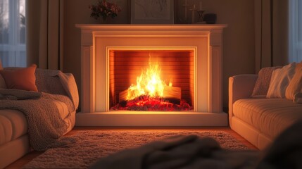 Cozy evening by the fireplace with warm flames and comfortable couches in a inviting living room. Generative AI