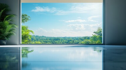 Modern interior with large windows showcasing lush greenery and blue skies during the day....