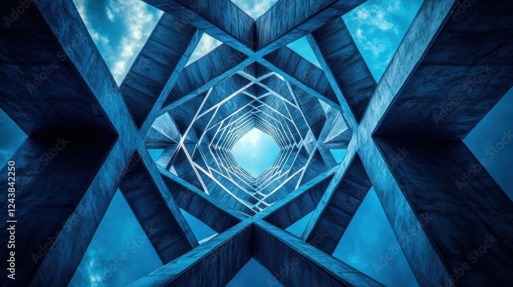 Poster intricate geometric architecture seen from below on a clear day against a blue sky. generative ai