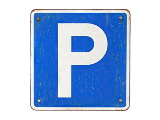 Blue parking sign with weathered texture, isolated on transparent cutout background