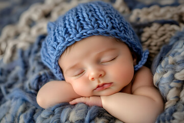 A newborn baby is wearing a blue hat and laying down sleeping on a soft blue background