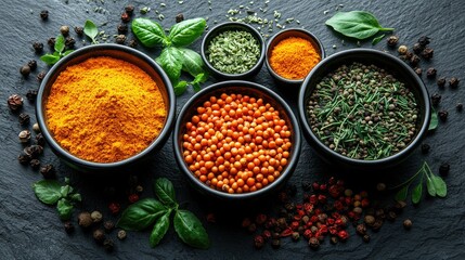 Assorted Spices and Herbs in Bowls on Dark Surface