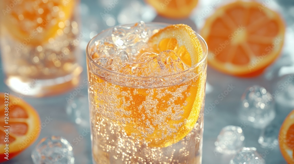 Aufkleber refreshing citrus drink with ice and orange slices in a summer setting by the water. generative ai