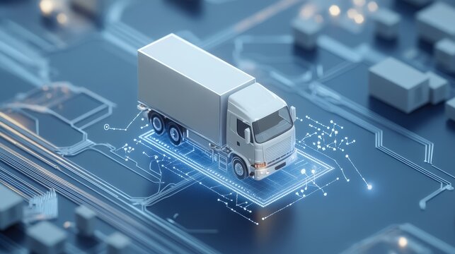 Truck on circuitry background, symbolizing technological advancements in logistics and supply chain management