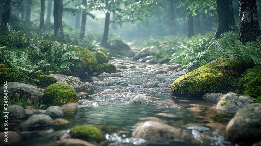 Poster tranquil forest stream flowing over smooth stones surrounded by lush greenery and ferns. generative 
