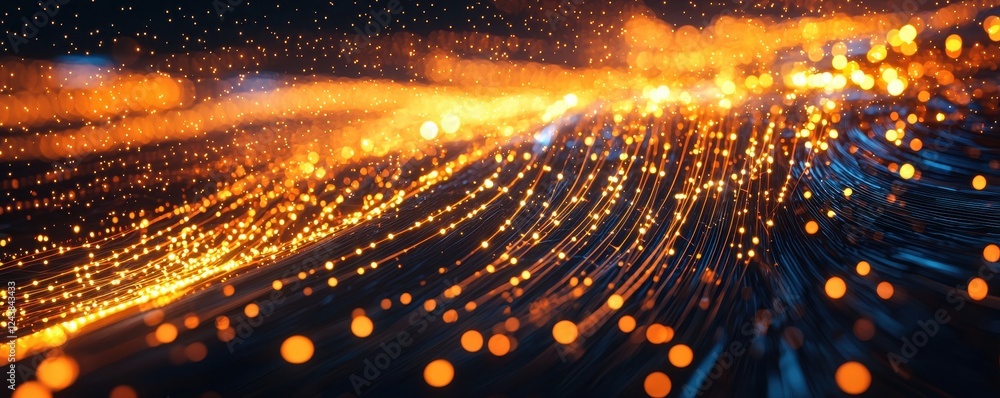 Poster a vibrant display of flowing orange and blue particles, creating a dynamic and mesmerizing abstract 