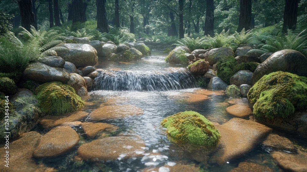 Poster serene stream flows over mossy rocks surrounded by lush greenery in a tranquil forest setting. gener
