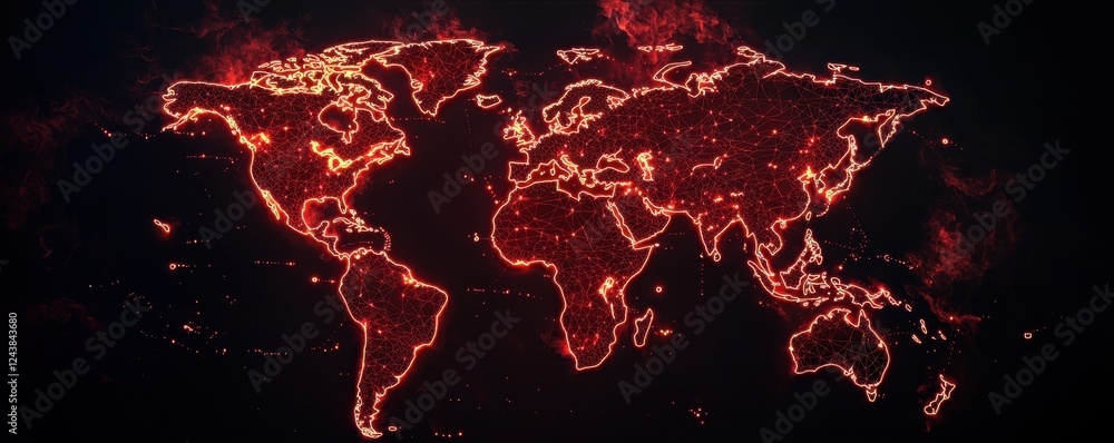 Poster a glowing world map depicted in red lines against a dark background, illustrating global connectivit