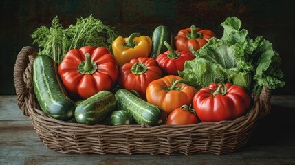Vibrant assortment of fresh vegetables in woven basket set against dark textured background. Generative AI