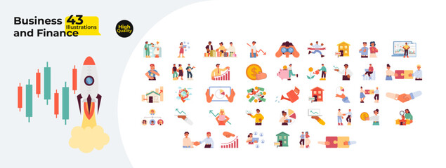 Business and finance cartoon flat illustrations mega bundle. Successful investments in startups 2D images isolated on white. Businesspeople in office setting collection vector drawings colorful