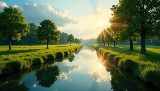 Vue de canal avec chemin de halage sur la droite, chemin de halage, lumi?re