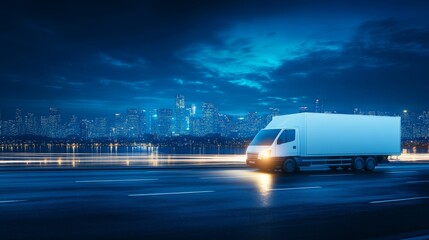 Truck on highway, transporting goods across urban landscape with city skyline view