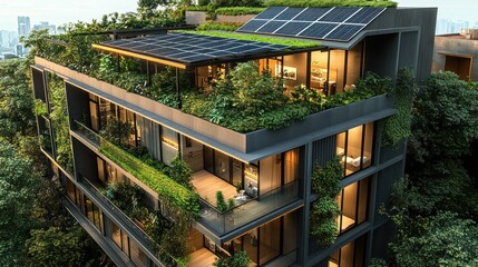 Modern building with rooftop garden and solar panels nestled in a lush urban environment. Generative AI