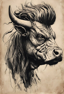 Drawing of a portrait of a bull with a serious gaze like a leader's statue or bust