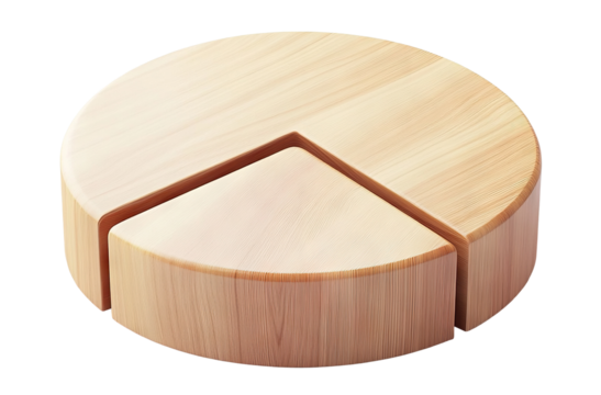 Modern wooden pie diagram with a separated section, isolated on transparent cutout background - Powered by Adobe