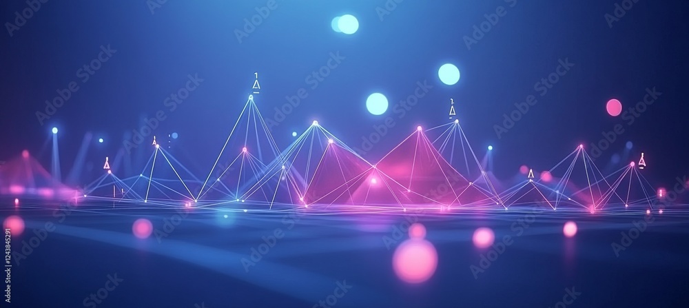 Poster abstract data visualization, connecting lines, data points, glowing spheres on dark blue background