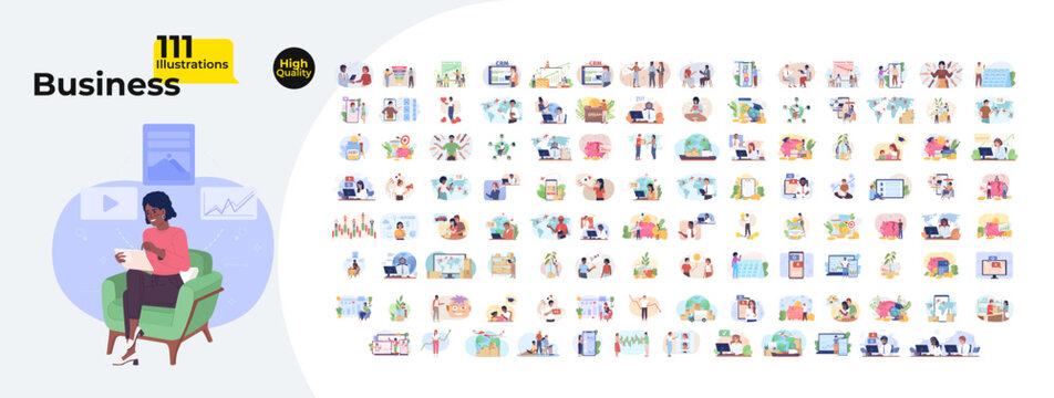 Business cartoon flat illustrations mega bundle. Remote job benefits 2D images isolated on white. Corporate employees working from home making profit collection vector drawings colorful