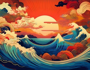 background illustration of raging sea waves evening sky background japanese style hot color tones express emotion