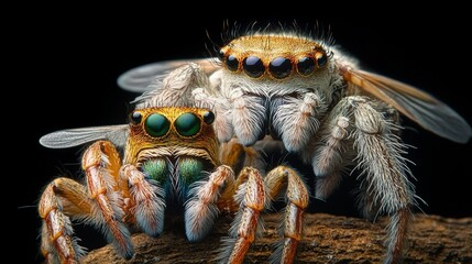 Two Jumping Spiders, Phidippus Regius, Interacting on a Branch, Wildlife Macro Portrait