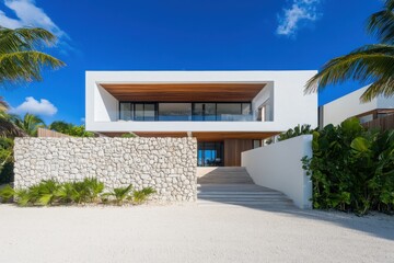 Modern coastal villa on a sandy beach with desert landscaping and clear blue sky creating a serene and inviting atmosphere