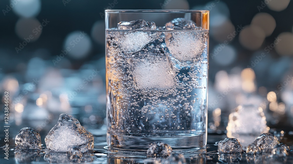 Poster refreshing sparkling water in a clear glass with ice cubes on a dark surface. generative ai