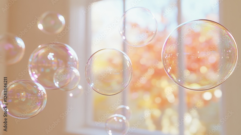 Aufkleber colorful soap bubbles floating in sunlight near a window with autumn foliage visible outside. genera