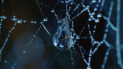 Close-Up of Dew-Covered Spider Web with Water Droplet in Focus Against a Dark Background