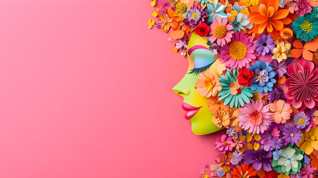 un fondo rosa con espacio de copia liso con el perfil del rostro de una mujer empoderada y femenina formado de flores coloridas y llamativas plantilla para dise&ntilde;o