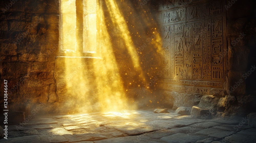 Poster golden rays illuminate ancient stone chamber with hieroglyphics during mystical twilight hour. gener